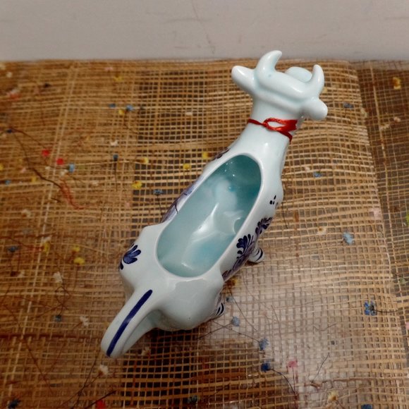 Vintage Porcelain Blue Glazed Delft Cow Creamer DBL Crown Logo w/Bell - Picture 10 of 12